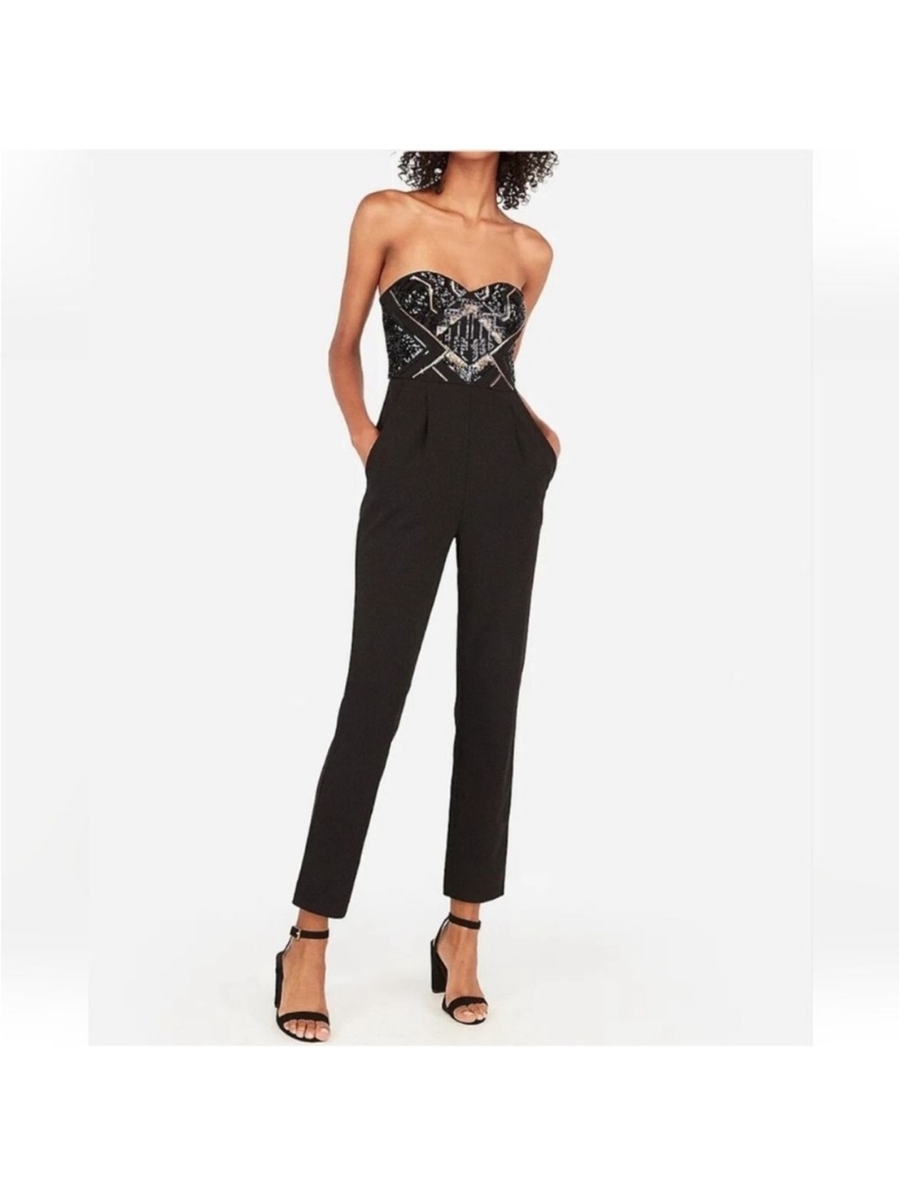 EXPRESS Black Sequin Geometric Strapless Wide Leg Jumpsuit Size 0
